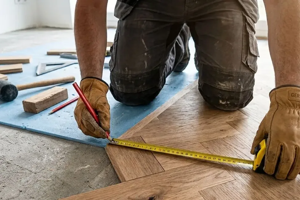 Asentaja mittaa kalanruotoparketin lankkua lattia-asennuksen aikana
