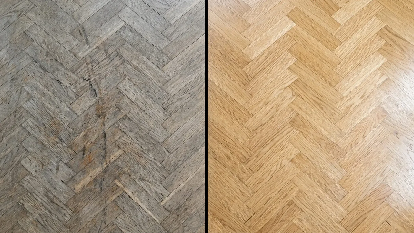 Parkettilattia ennen ja jälkeen hionnan ja lakkauksen